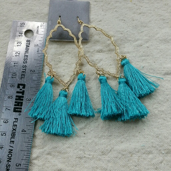 NEW Teal Moroccan Long TASSLE Earrings NWT Boxed - Picture 4 of 6